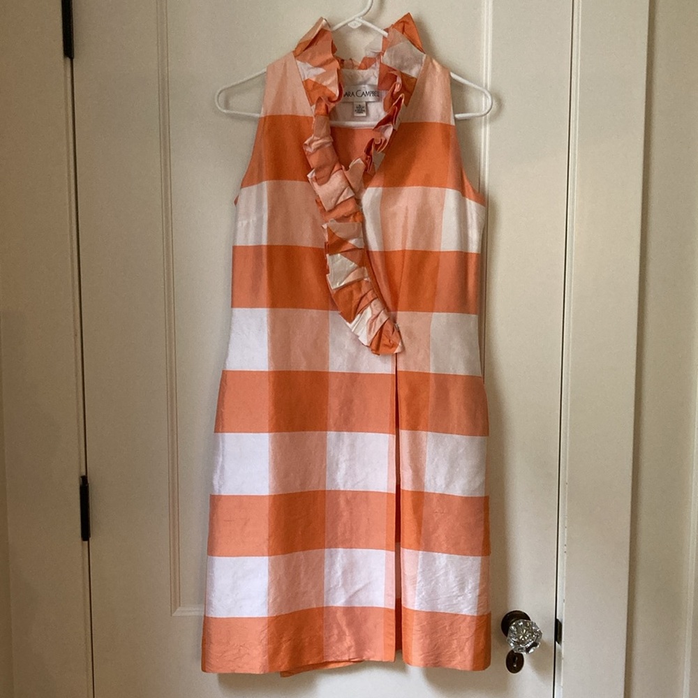 Sara Campbell Silk Checkered Ruffle Collar Dress Orange and White